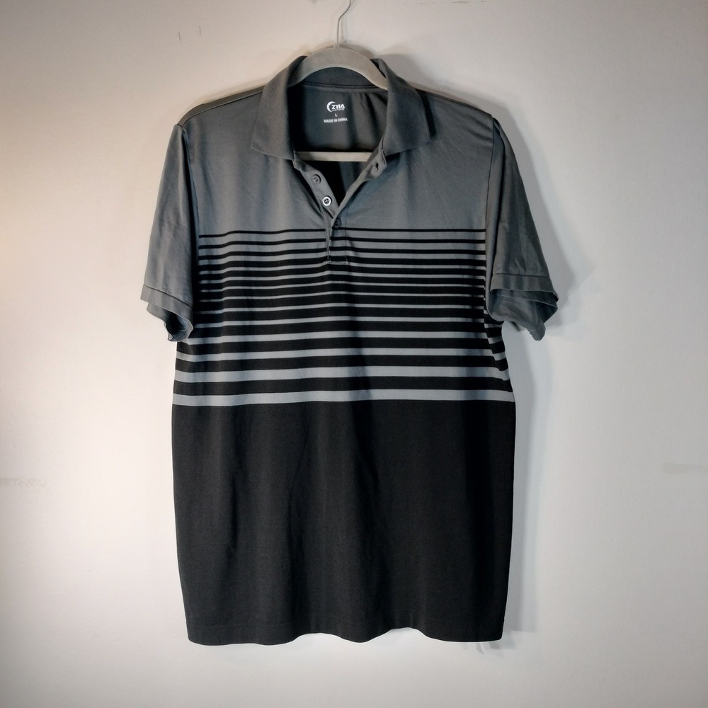 Zyia Active Mens Gray Black Striped Performance Golf Polo Shirt Size Large